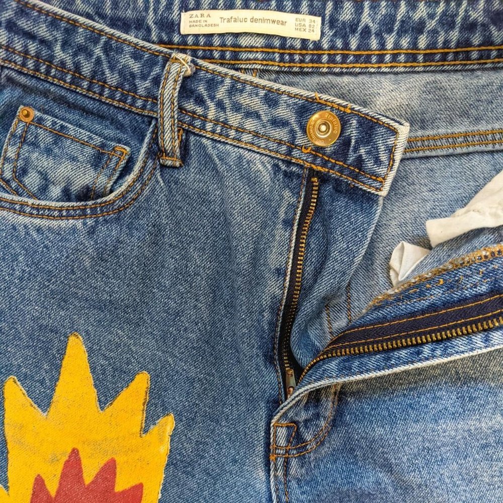 Zara X Ricardo Cavolo Handpainted Mom Jeans Dark Wash Size Us 2 View 5
